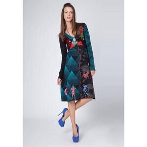 Desigual Casual Day Dress V-Neck Long Sleeve Abstract Artsy Size Medium NWT